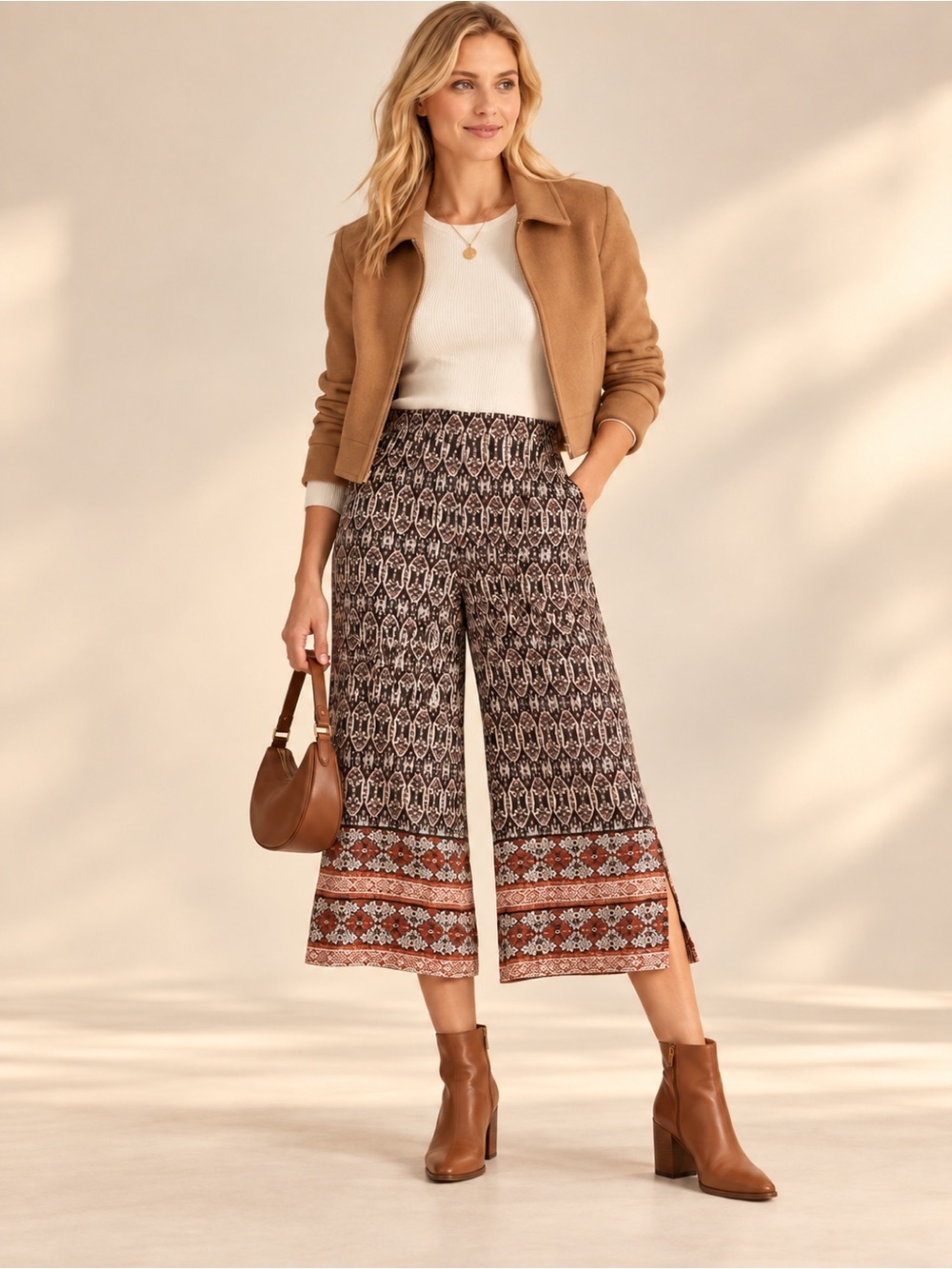 Democracy Skyrise Border Print Wide Leg Cropped Pants Amber Spice S NWT